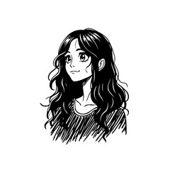 Monochrome manga depiction of a young girl with flowing dark hair and stylized features a