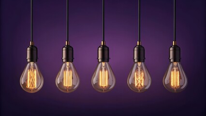 Five edison filament light bulbs hanging with warm glow against a deep purple background
