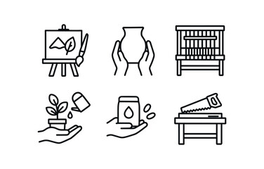 vector outline icons nature themed fair (workshops): painting class pottery demo weaving loom plant care lesson seed exchange woodworking table.