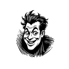 Monochrome menacing grin artwork unveiling eccentric character with dramatic hairstyle and