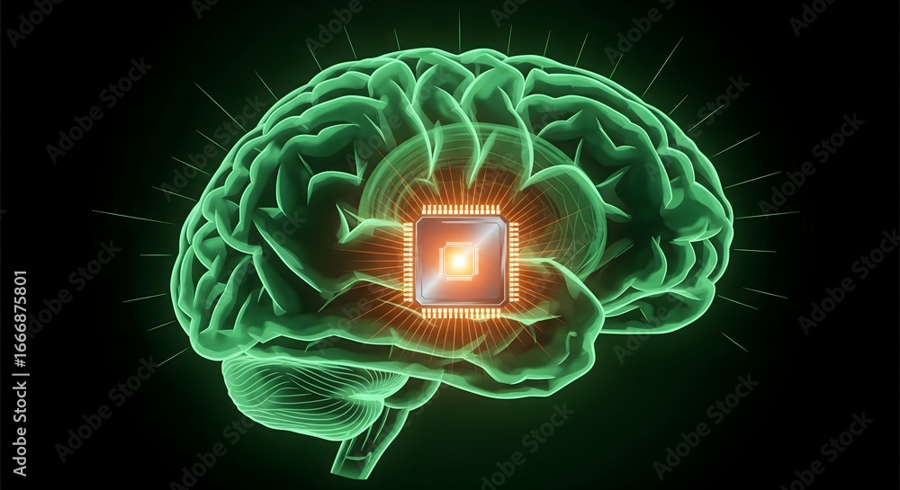 Poster artificial intelligence brain connected to a microchip on black background.
