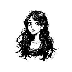 Monochrome portrait displays a young woman with flowing hair in graphic novel illustration with