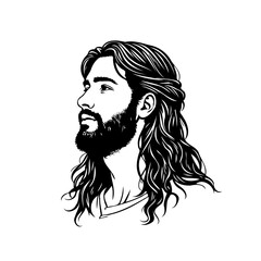 Monochrome portrait of a man with a beard and long hair in vector format isolated on white