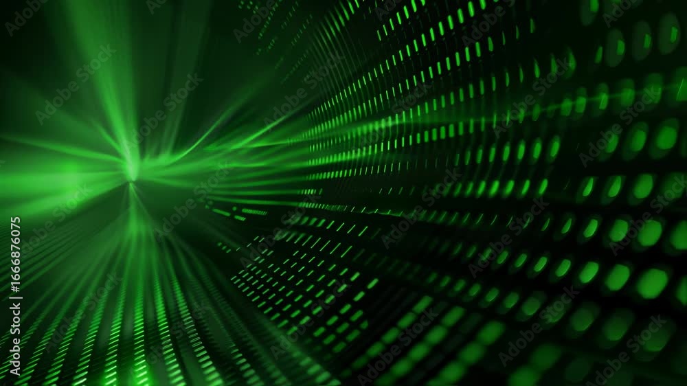 Poster in a vibrant futuristic digital landscape, dynamic green lights and intricate grids create an abstra