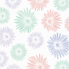 Seamless abstract pastel starburst pattern, hand-drawn fireworks illustration on white for festive national day celebrations and patriotic events.
