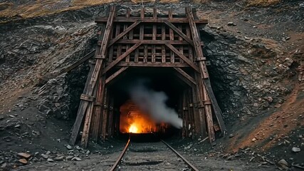 Abandoned Mine Entrance with Fire and Smoke Emanating