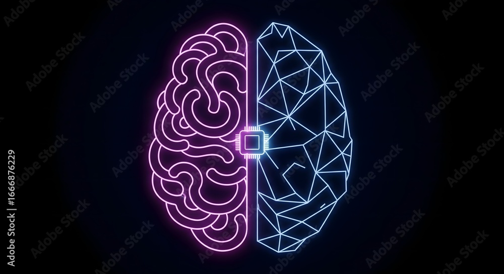 Poster illustration of an abstract digital brain concept with computer microchip.