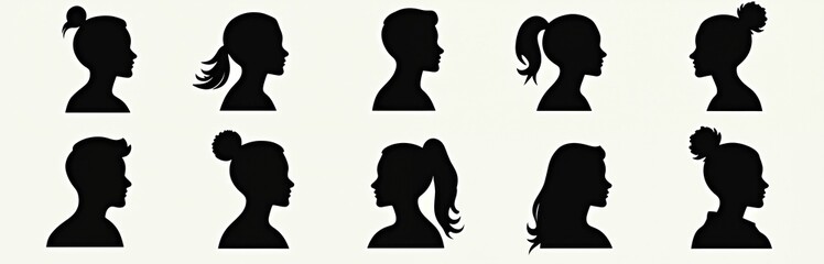 Collection of diverse black silhouette profiles men, women with various hairstyles. Clean graphic represents diversity, identity, personal style. Images feature clear profiles, useful for web design,
