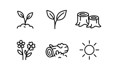 Obraz premium зA vector outline icons coppice (spring growth): fresh shoots green leaves cut stumps wildflowers mossy logs soft sunlight.