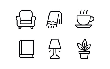 vector outline icons inner peace (home): cozy chair blanket tea cup book soft light potted plant.