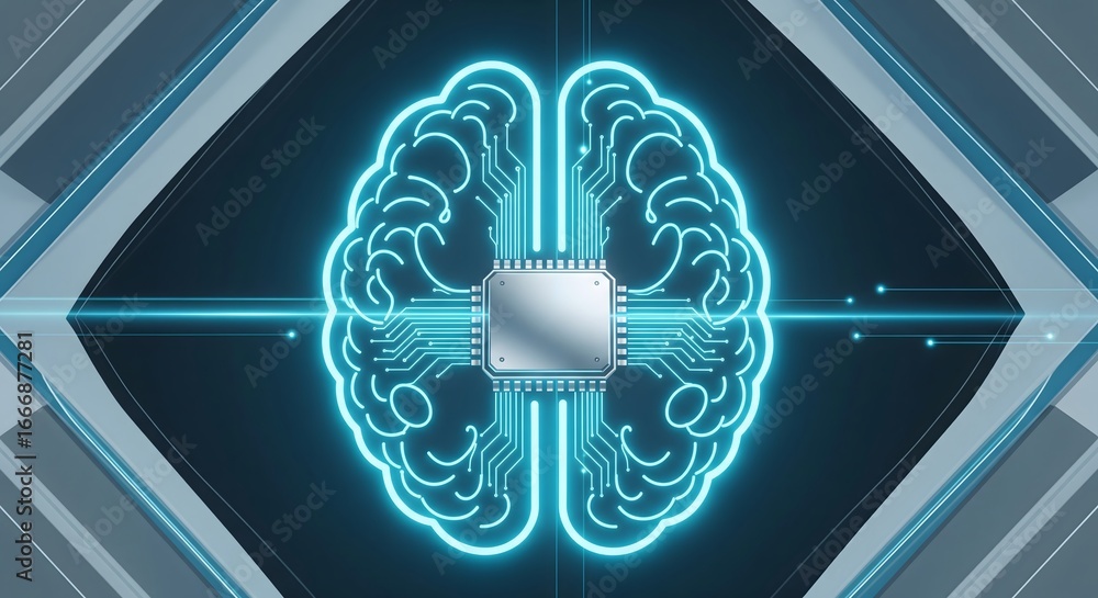 Poster illustration of a digital brain with a computer chip representing artificial intelligence.