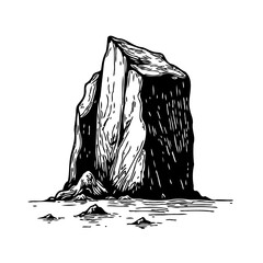Monolithic stone formation rising from barren land with detailed etched linework in black and