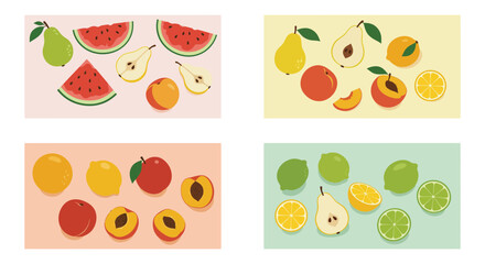 Colorful illustrations of various fruits on different colored backgrounds