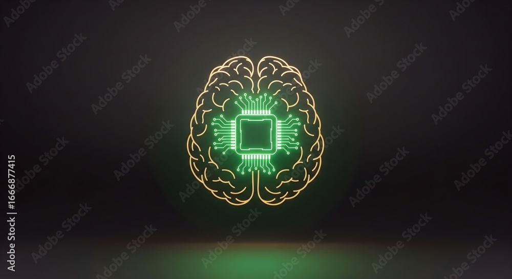 Poster artificial intelligence concept with a brain and computer chip illustration.