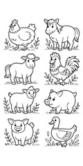 Collection of farm animal line drawings for coloring and education