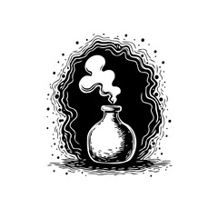Mysterious potion brewing inside glass flask creating smoke graphic artwork illustration in a dark