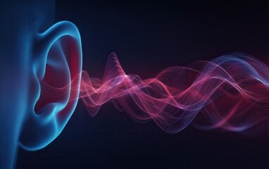 Fototapeta premium Abstract visualization of sound waves entering a human ear with glowing particles