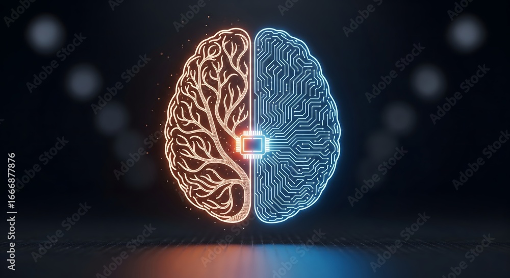 Poster abstract illustration of human brain with computer circuit board representing artificial intelligenc