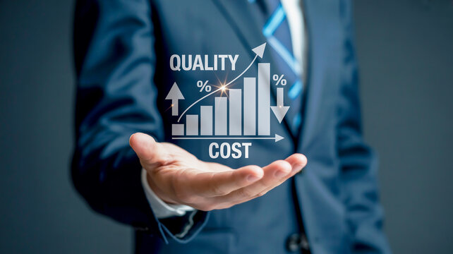 Business professional showcasing a growth chart of quality increasing while costs decrease for optimal performance