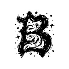 Mystical gothic letter B illustration with flowing lines and sparkling stars conveys enchantment