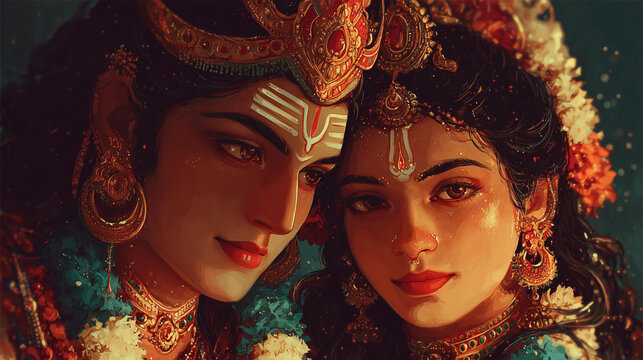 shiva and parvati divine couple close-up illustration, hindu gods in love and devotion, perfect for spiritual artwork, posters, cards and cultural designs