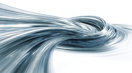 Dynamic metallic stream twisting into vortex motion in silver tones on white background, abstract fluid energy concept for modern creative design