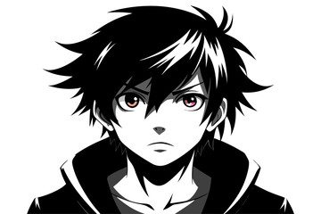 Minimalist black and white vector illustration of an anime boy silhouette with messy hair and sharp features. Perfect for manga, anime artwork, character design, digital art, graphic design projects, 