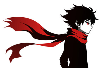 Minimalist black and white vector illustration of an anime boy silhouette with messy hair and sharp features. Perfect for manga, anime artwork, character design, digital art, graphic design projects, 
