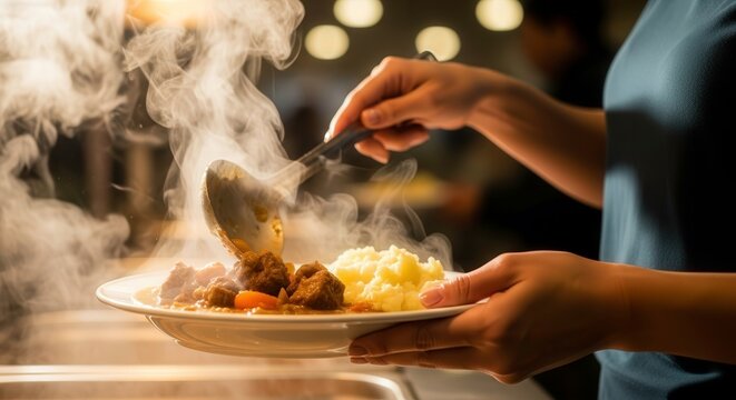 Serving hot beef stew with mashed potatoes on a plate ready to eat delicious dinner meal food dish
