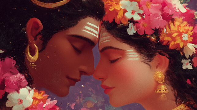shiva and parvati divine couple close-up illustration, hindu gods in love and devotion, perfect for spiritual artwork, posters, cards and cultural designs
