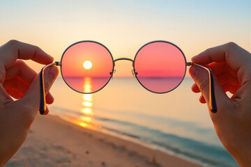 Pink glasses at sunset. Idealistic view of the beach and ocean horizon through pink lenses, symbolizing optimism and positivity. Useful for blogs, ads, covers, and posters.