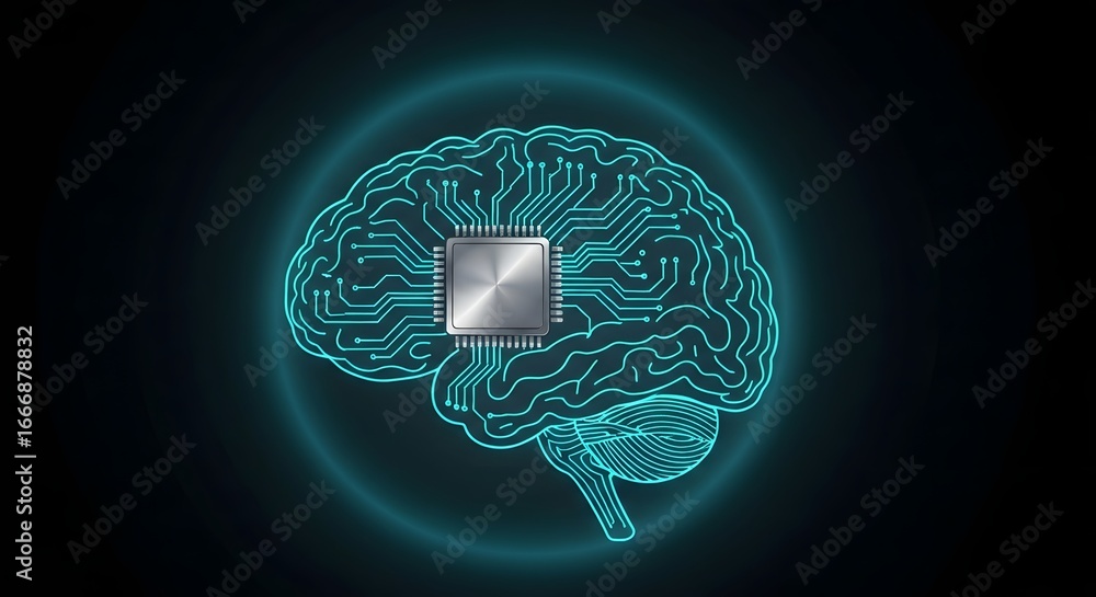 Poster a digital brain with circuit board and microchip represents artificial intelligence.
