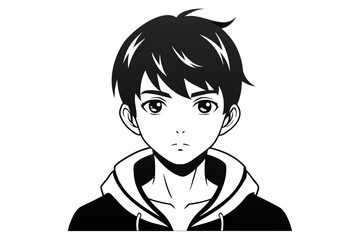 Minimalist black and white vector illustration of an anime boy silhouette with messy hair and sharp features. Perfect for manga, anime artwork, character design, digital art, graphic design projects, 