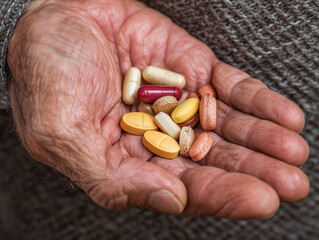 Old woman hands with pills. 
