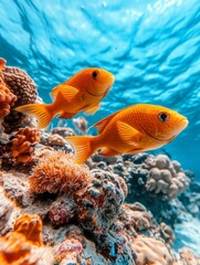 Obraz premium Two vibrant orange fish swim gracefully amidst a lively coral reef, showcasing the beauty of underwater life