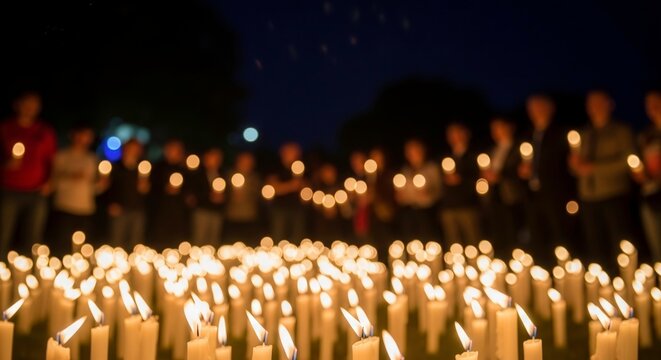 Candlelight vigil remembrance ceremony with glowing candles in darkness for peace and hope event