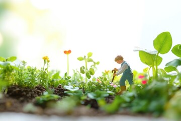 Miniature farmer tending a vibrant garden, showcasing growth and cultivation.