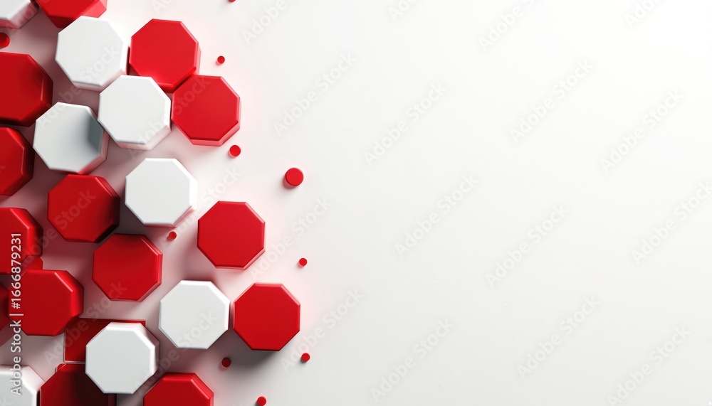 Poster abstract red, white hexagons form dynamic geometric pattern on clean white background. modern design