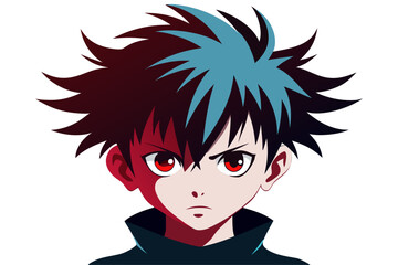 Minimalist black and white vector illustration of an anime boy silhouette with messy hair and sharp features. Perfect for manga, anime artwork, character design, digital art, graphic design projects, 