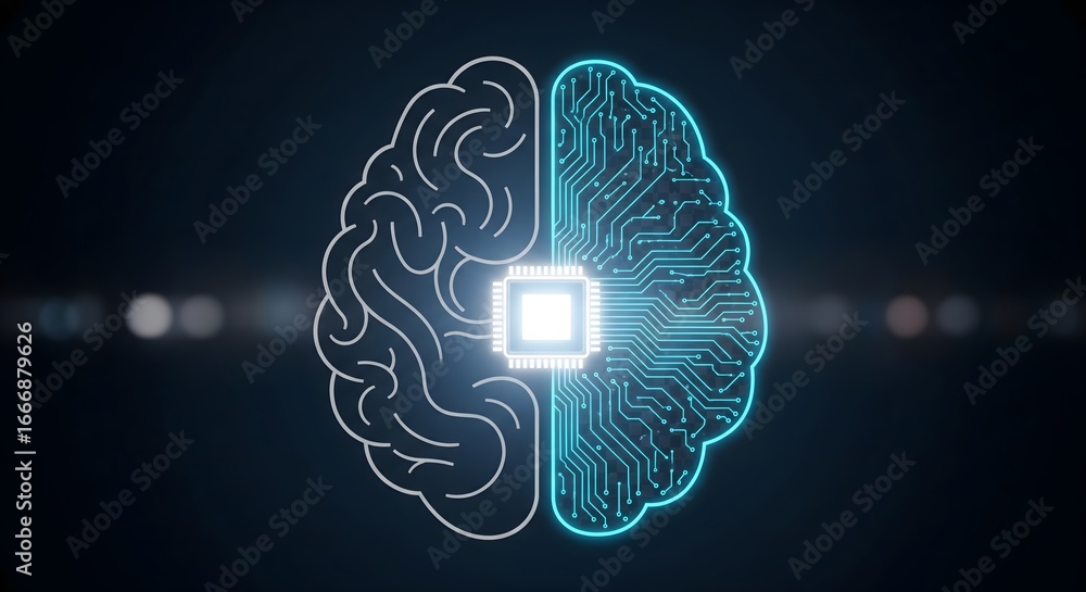 Poster illustration of a human brain combined with a circuit board to represent artificial intelligence.
