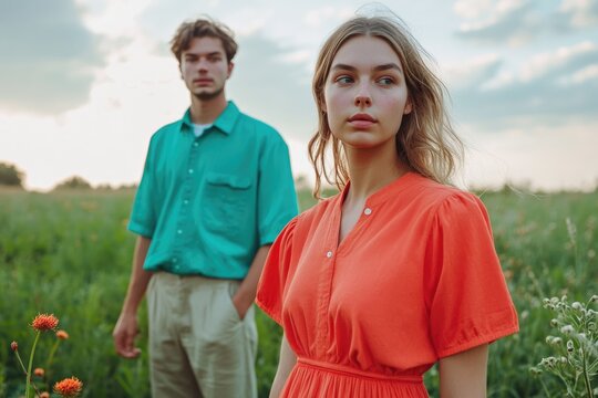 A young woman in an orange dress stands in a field, a man in teal shirt behind her, suggesting a moment of distance or contemplation.