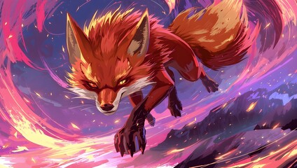 "Celestial Fox in a Fiery Sky Spiral"