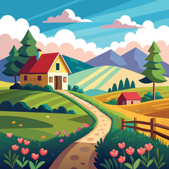 Fototapeta premium A charming cartoon village with green hills, rural houses, and trees under a clear blue sky