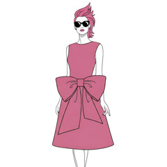 Stylish woman in a pink dress with a large bow and sunglasses against a