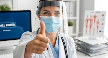 Smiling female doctor giving thumbs up while wearing a face mask and shield in a clinic setting