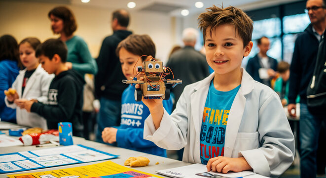 Young Inventor's Robot: A young boy proudly presents his homemade robot, surrounded by other kids, showcasing innovation and creativity.