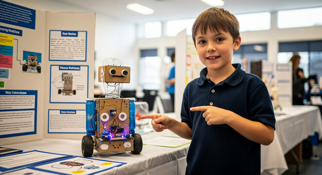 Young Inventor and His Robot: A young, bright inventor proudly presents his innovative robot creation at a school science fair, embodying curiosity and technological prowess.