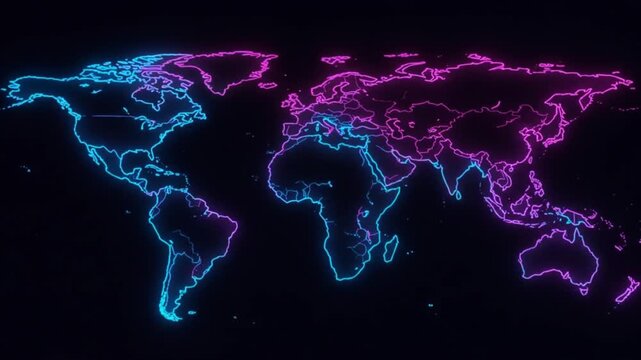 Dynamic neon world map animation for global business expansion and futuristic technology ideas