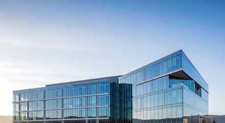 A modern glass office building featuring an angular, contemporary design set against a clear blue sky.