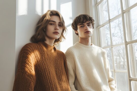 A young man and woman in knit sweaters pose near a sunlit window.